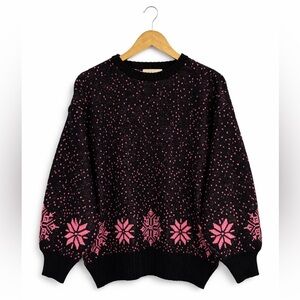 Vintage Black Pink Nordic Knit Sweater 80s 90s Large